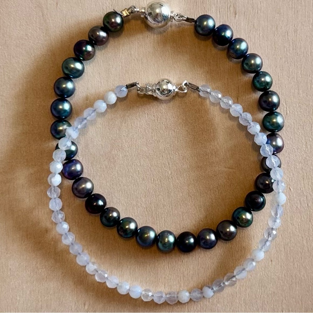 Set of 2 Gemstone Bracelets | Peacock Freshwater Pearl & Faceted Agate w/Silver